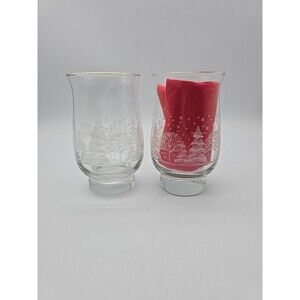 2 VTG Libbey Etched Winter Snow Trees Tumbler Glasses Gold Rim Christmas Frosted